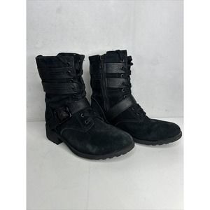UGG Combat Boots Womens 6.5 Zia Black Suede Shearling Leather Straps Buckles Zip